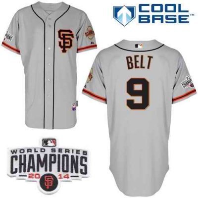 Giants #9 Brandon Belt Grey Road 2 Cool Base W/2014 World Series Champions Patch Stitched MLB Jersey