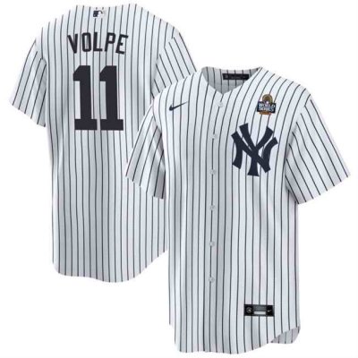 Men's New York Yankees #11 Anthony Volpe White 2024 World Series With Name Cool Base Stitched Baseball Jersey