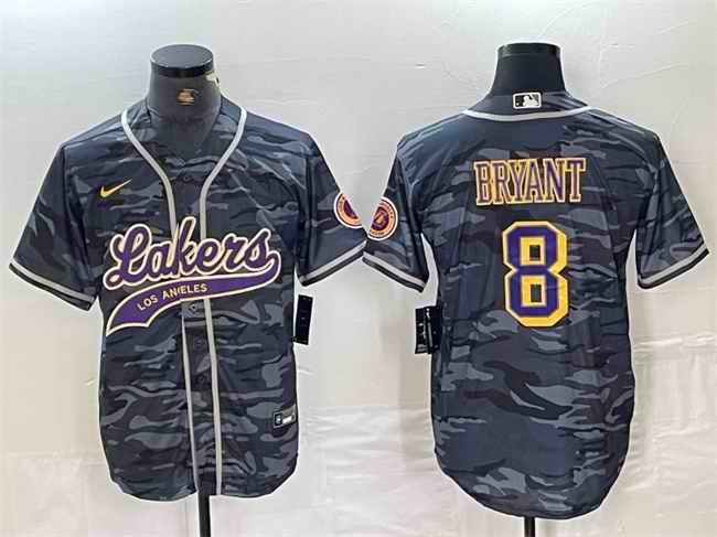 Men's Los Angeles Lakers #8 Kobe Bryant Gray Camo Cool Base Stitched Baseball Jersey