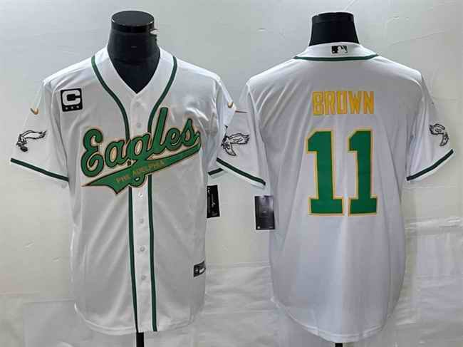 Men's Philadelphia Eagles #11 A. J. Brown White Gold With 3-star C Patch Cool Base Stitched Baseball Jersey