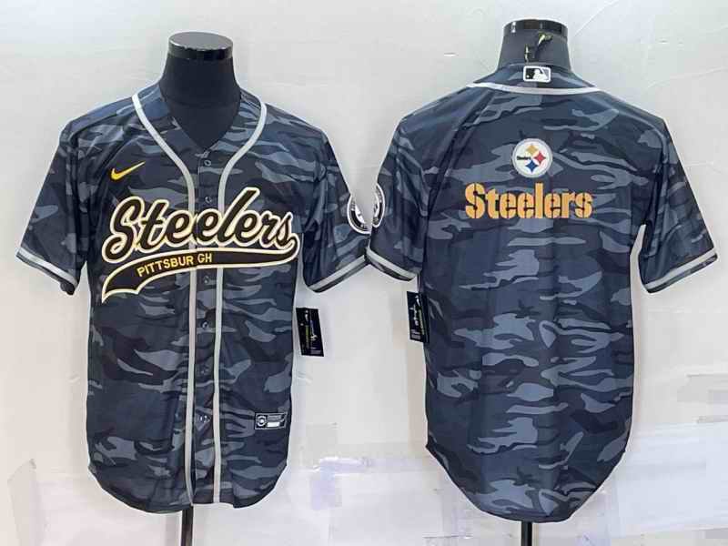 Men's Pittsburgh Steelers Blank Grey/Navy Camo Team Big Logo With Patch Cool Base Stitched Baseball Jersey