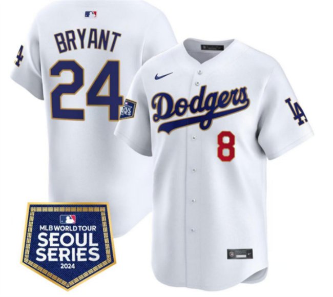 Men's Los Angeles Dodgers Front #8 Back #24 Kobe Bryant White 2024 World Tour Seoul Series Home Limited Stitched Baseball Jersey