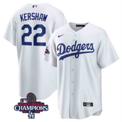 Men's Los Angeles Dodgers #22 Clayton Kershaw White 2024 World Series Champions Cool Base Stitched Baseball Jersey