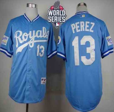 Royals #13 Salvador Perez Light Blue 1985 Turn Back The Clock W/2015 World Series Patch Stitched MLB Jersey