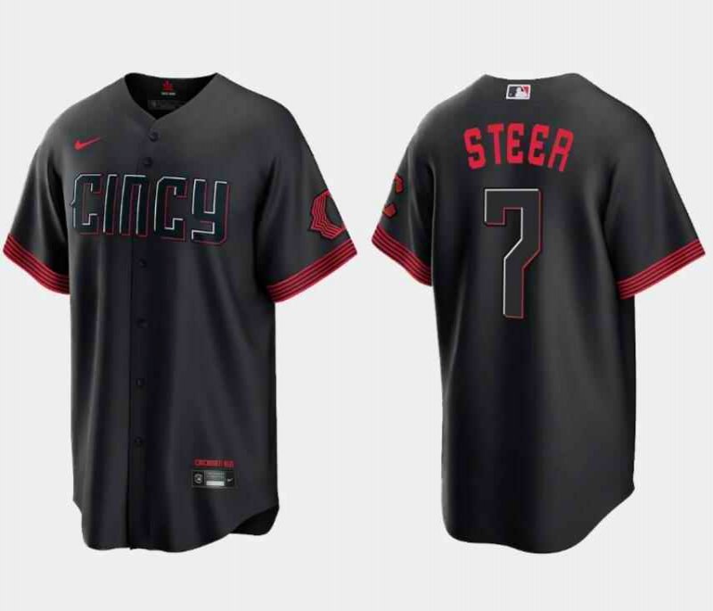 Men's Cincinnati Reds #7 Spencer Steer Black 2023 City Connect Cool Base Stitched Baseball Jersey