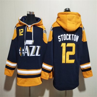 Men's Utah Jazz #12 John Stockton Navy/Yellow Lace-Up Pullover Hoodie