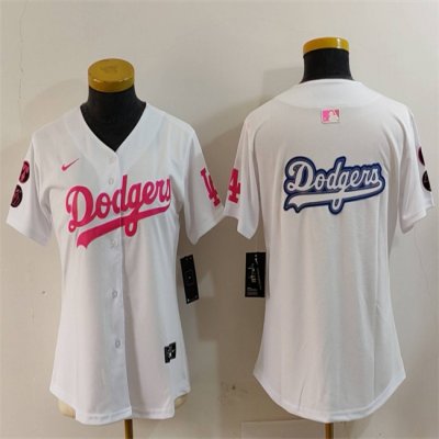 Women's Los Angeles Dodgers Team Big Logo White/Pink Vin & Kobe Patch Stitched Baseball Jersey(Run Small)