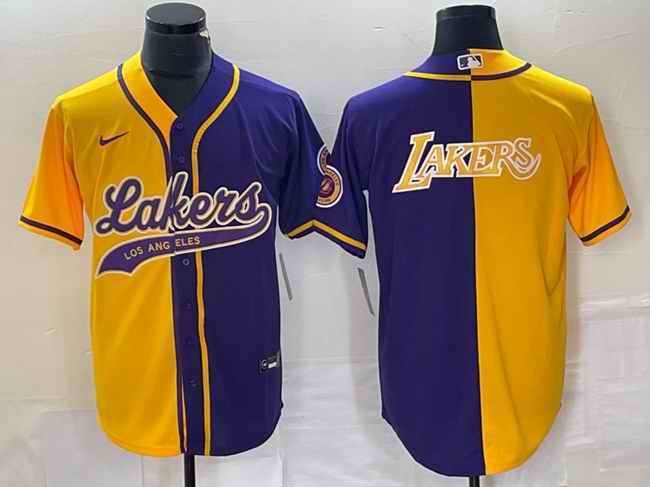 Men's Los Angeles Lakers Gold/Purple Split Team Big Logo Cool Base Stitched Baseball Jersey