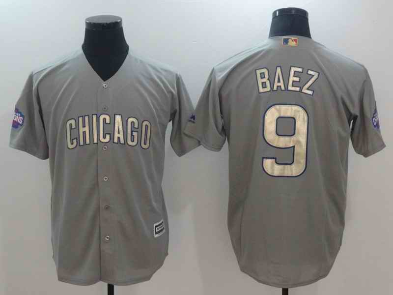 Men's Chicago Cubs #9 Javier Baez Gray World Series Champions Gold Program Cool Base Stitched MLB  Jersey