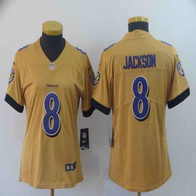 Women's Baltimore Ravens #8 Lamar Jackson Gold Inverted Legend Stitched NFL Jersey(Run Small)