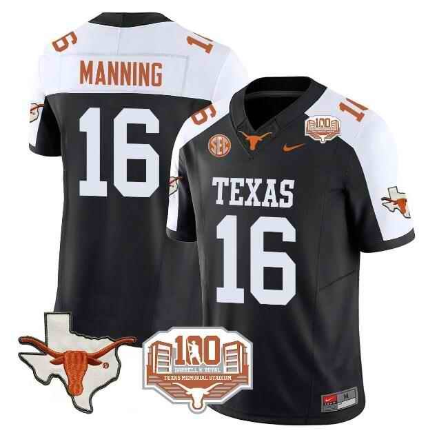 Men's Texas Longhorns #16 Peyton Manning Black/White F.U.S.E 100 years of Darrell K Royal Map & SEC Patch Stitched Jersey