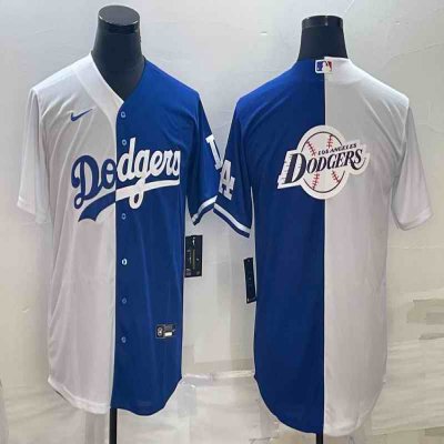 Men's Los Angeles Dodgers White Blue Split Team Big Logo Cool Base Stitched Baseball Jersey