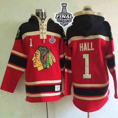 Blackhawks #1 Glenn Hall Red Sawyer Hooded Sweatshirt 2015 Stanley Cup Stitched NHL Jersey