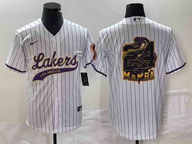 Men's Los Angeles Lakers White #24 Mamba Big Logo Cool Base Stitched Baseball Jersey