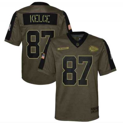 Youth Kansas City Chiefs #87 Travis Kelce 2021 Olive Salute To Service Limited Stitched Jersey