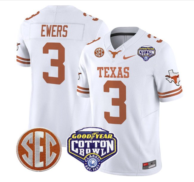 Men's Texas Longhorns #3 Quinn Ewers White F.U.S.E. Cotton Bowl Patch Vapor Limited Stitched Jersey