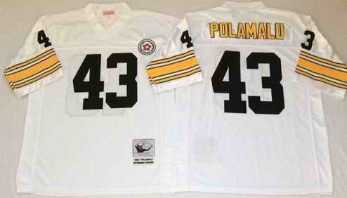 Men's Pittsburgh Steelers #43 Troy Polamalu White Mitchell & Ness Throwback Stitched Jersey