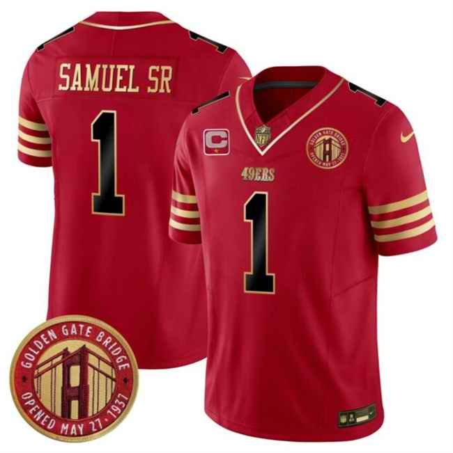 Men's San Francisco 49ers #1 Deebo Samuel Sr. Red F.U.S.E. With 1-Star C Patch And Golden Gate Bridge Patch Balck Scarlet Vapor Limited Stitched Football Jersey