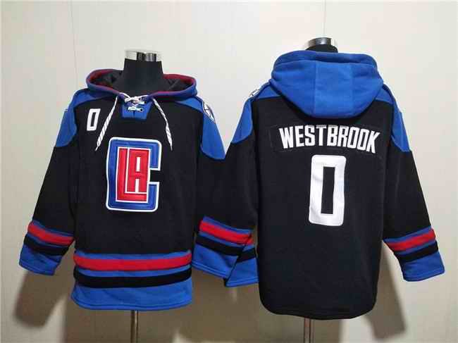 Men's Los Angeles Clippers #0 Russell Westbrook Black/Blue Lace-Up Pullover Hoodie