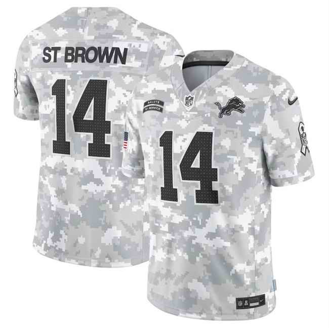 Men's Detroit Lions #14 Amon-Ra St. Brown 2024 F.U.S.E Arctic Camo Salute to Service Limited Stitched Football Jersey