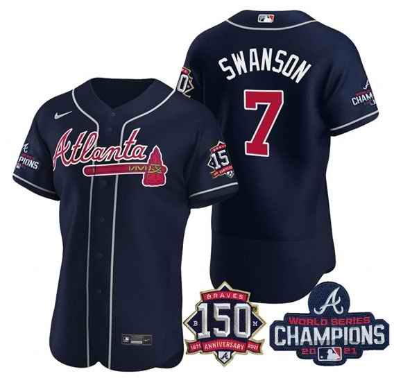 Men's Atlanta Braves #7 Dansby Swanson 2021 Navy World Series Champions With 150th Anniversary Flex Base Stitched Jersey