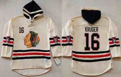 Blackhawks #16 Marcus Kruger Cream Heavyweight Pullover Hoodie Stitched NHL Jersey