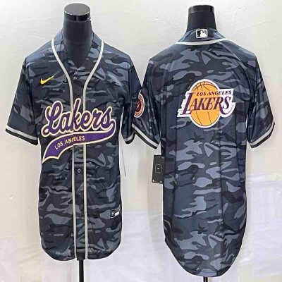 Men's Los Angeles Lakers Team Big Logo Grey Cool Base With Patch Stitched Baseball Jersey