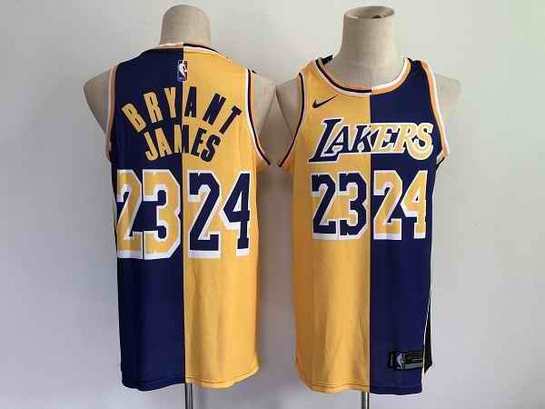 Men's Los Angeles Lakers #23 LeBron James #24 Kobe Brant Purple Gold Split Special Stitched NBA Jersey