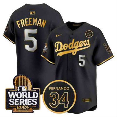 Men's Los Angeles Dodgers #5 Freddie Freeman Black/Gold 2024 World Series With Fernando Memorial Patch Limited Stitched Baseball Jersey