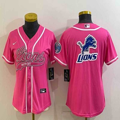 Women's Detroit Lions Pink Team Big Logo With Patch Cool Base Stitched Baseball Jersey(Run Small)