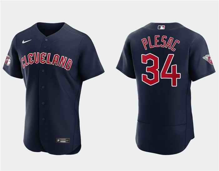 Men's Cleveland Guardians #34 Zach Plesac Navy Flex Base Stitched Jersey