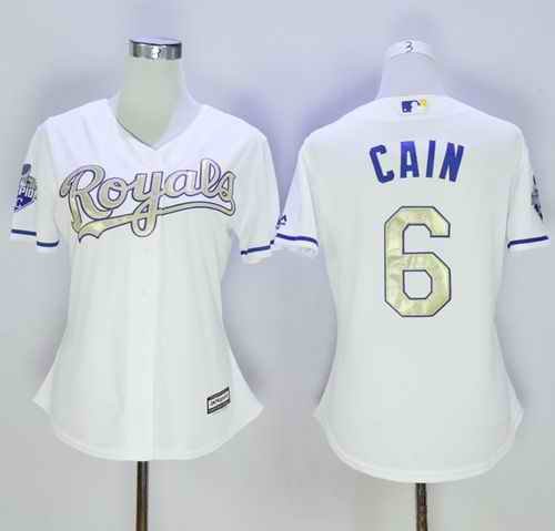 Royals #6 Lorenzo Cain White 2015 World Series Champions Gold Program Cool Base Women's Stitched MLB Jersey