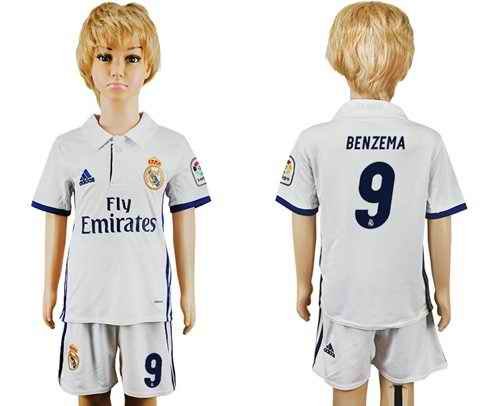 Real Madrid #9 Benzema White Home Kid Soccer Club Jersey