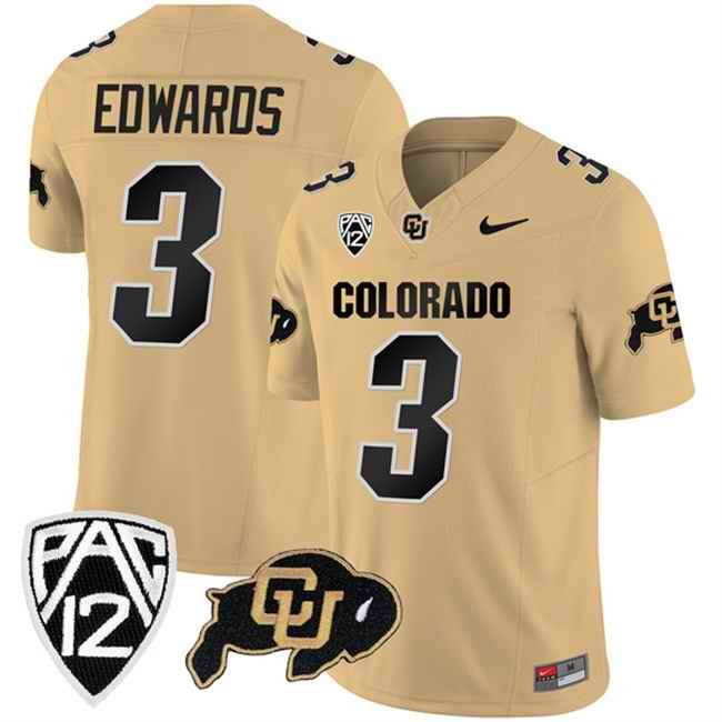 Men's Colorado Buffaloes #3 Dylan Edwards Gold 2023 F.U.S.E. With PAC-12 Patch Stitched Football Jersey