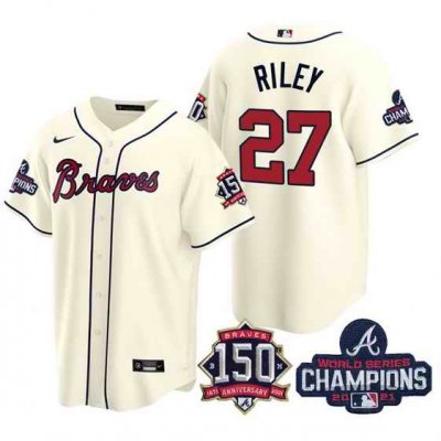 Men's Atlanta Braves #27 Austin Riley 2021 Cream World Series Champions With 150th Anniversary Patch Cool Base Stitched Jersey