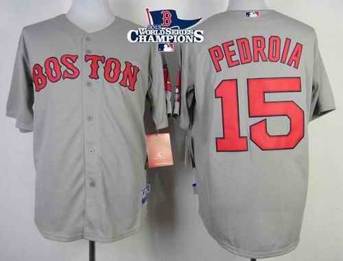 Red Sox #15 Dustin Pedroia Grey Cool Base 2013 World Series Champions Patch Stitched MLB Jersey