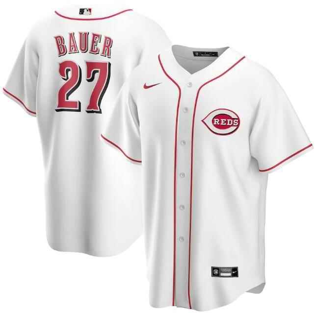 Men's Cincinnati Reds #27 Trevor Bauer White Cool Base Stitched Jersey