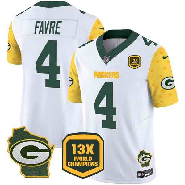 Men's Green Bay Packers #4 Brett Favre Cheese White 2024 F.U.S.E. 13 Time World Champions And Home Patch Vapor Untouchable Limited Stitched Football Jersey