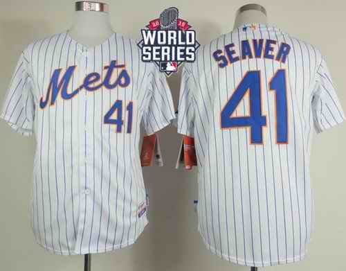 Mets #41 Tom Seaver White(Blue Strip) Home Cool Base W/2015 World Series Patch Stitched MLB Jersey