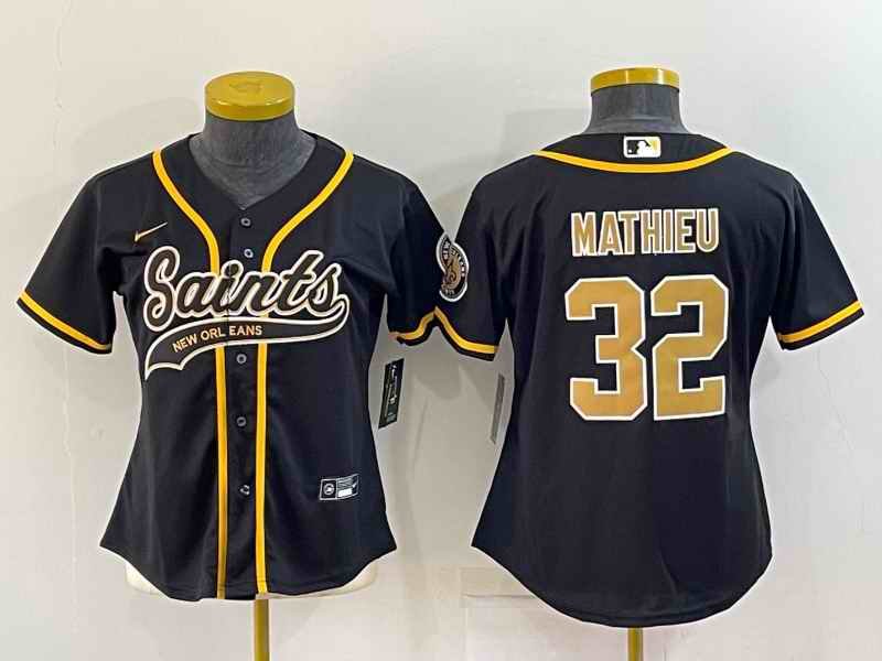 Women's New Orleans Saints #32 Tyrann Mathieu Black With Patch Cool Base Stitched Baseball Jersey(Run Small)