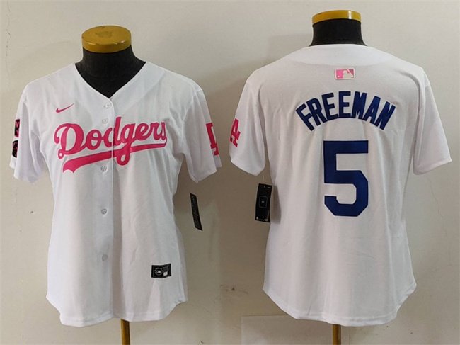 Women's Los Angeles Dodgers #5 Freddie Freeman White/Pink Vin & Kobe Patch Stitched Baseball Jersey(Run Small)