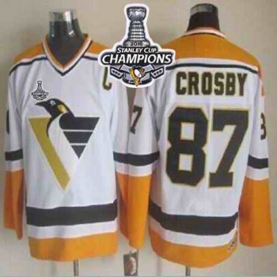 Penguins #87 Sidney Crosby White/Yellow CCM Throwback 2016 Stanley Cup Champions Stitched NHL Jersey