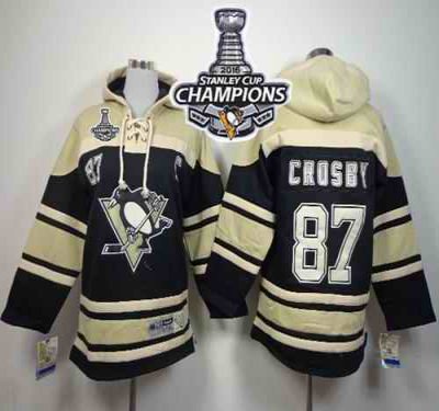 Penguins #87 Sidney Crosby Black Sawyer Hooded Sweatshirt 2016 Stanley Cup Champions Stitched Youth NHL Jersey