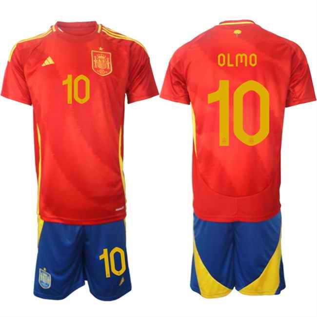 Men's Spain Team #10 Olmo 2024-25 Red Home Soccer Jersey Suit