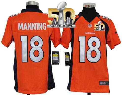 Nike Broncos #18 Peyton Manning Orange Team Color Super Bowl 50 Youth Stitched NFL Elite Jersey