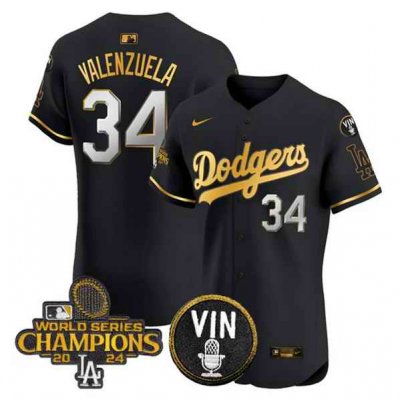 Men's Los Angeles Dodgers #34 Toro Valenzuela Black/Gold 2024 World Series Champions With Vin Patch Vapor Limited Stitched Baseball Jersey