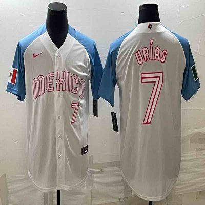 Men's Mexico Baseball #7 Julio Ur'as 2023 White Blue World Baseball Classic Stitched Jersey