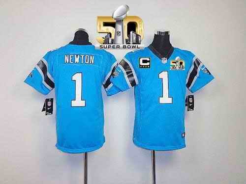 Nike Panthers #1 Cam Newton Blue Alternate With C Patch Super Bowl 50 Youth Stitched NFL Elite Jersey