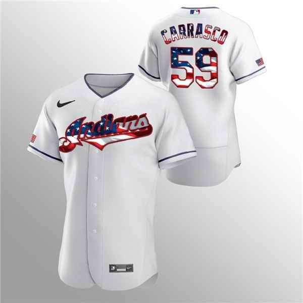 Men's Cleveland Indians #59 Carlos Carrasco White 2020 Stars & Stripes Flex Base Stitched Jersey