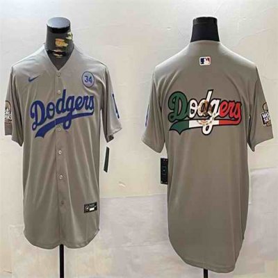 Men's Los Angeles Dodgers Team Big Logo Grey 2024 World Series With No. 34 Patch Limited Stitched Baseball Jersey